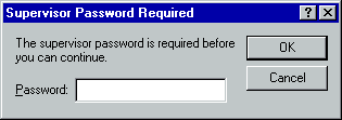 [This is an image of a system dialog in the Windows 98 UI style. It is titled “Supervisor Password Required”. The dialog contains a message “The supervisor password is required before you can continue.”, below which is a single-line password input field labelled “Password:”. There are two buttons to the right labelled “OK” and “Cancel”. The OK button has a border indicating it is the default action.]