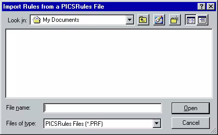 [This is an image of a system dialog in the Windows 98 UI style. It is the standard Windows 98 file open dialog, in this case titled “Import Rules from a PICSRules File”. The open dialog is navigated to “My Documents” and is requesting files of type “PICSRules Files (*.PRF)”. No matching files are shown, and no subdirectories are shown.]