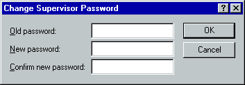 [This is an image of a system dialog in the Windows 98 UI style. It is titled “Change Supervisor Password”. There are three single-line password input fields labelled “Old password”, “New password” and “Confirm new password”. There are also OK and Cancel buttons. The OK button has a border indicating it is the default action.]