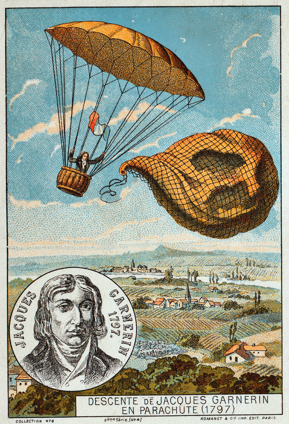 [Postcard titled “Descente de Jacques Garnerin en Parachute” (1797)]